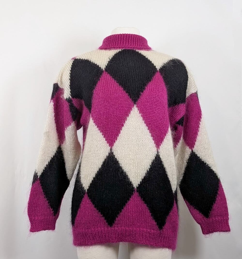 Vintage 80s Sweater Brass Plum Nordstrom Argyle Mohair Blend Women's Size M
